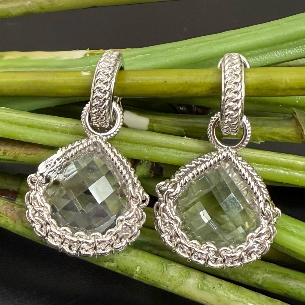 925 Mexico Signed Rope Chain Caged Faceted Crystal Drop Earrings 19g.
